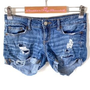 Aeropostale midi blue denim extra distressed shorts, size 0